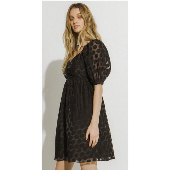 English Factory-black Dotted XS Sweetheart NeckPuff Sleeve Smocked Mini Dress - Picture 4 of 15